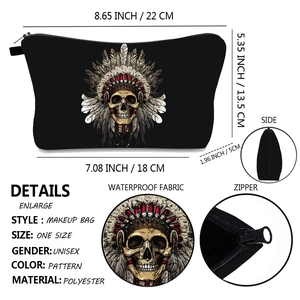 Detailed size chart of skull printed makeup bag showing dimensions and waterproof fabric
