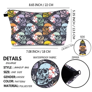 Waterproof polyester makeup bag with colorful skull floral prints and zip detail