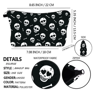 Waterproof polyester makeup bag with skull print showing specific 22x13.5cm dimensions