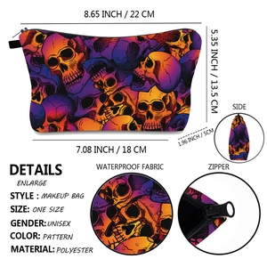 Detailed views of women's skull print makeup bag showing size dimensions and fabric texture