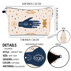 Detailed views of evil eye makeup bag showing waterproof fabric and zipper closure