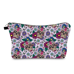 Trousse à Maquillage pour Femme Imprimé Floral Tête de Mort en Sucre Jour des Morts Trousse de Toilette Voyage Portable avec Fermeture Éclair