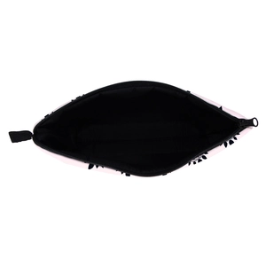 Pink waterproof makeup bag with black floral pattern and spacious black interior