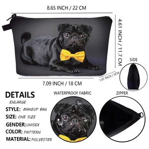 Waterproof polyester makeup bag with black pug puppy print and top zipper closure