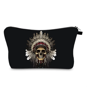 Close-up of durable black skull makeup bag featuring detailed Indian feather war bonnet print
