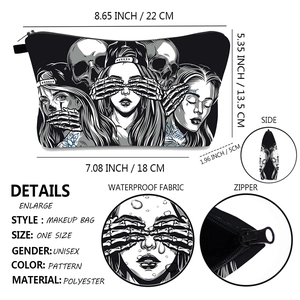 Detailed view of skull print cosmetic bag showing dimensions and waterproof fabric features