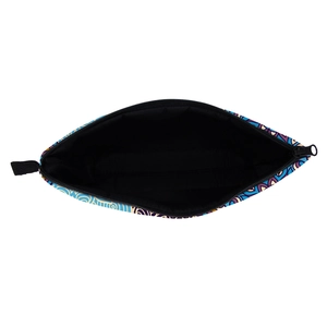 Waterproof travel cosmetic bag featuring purple mandala prints and black inner lining