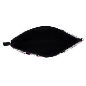 Portable makeup bag featuring purple floral pattern and spacious black interior lining