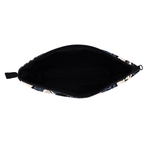 Waterproof skull and blue leaves print makeup bag with black lining and wide zipper opening