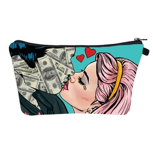 Waterproof portable makeup bag with pop art print and durable zipper closure