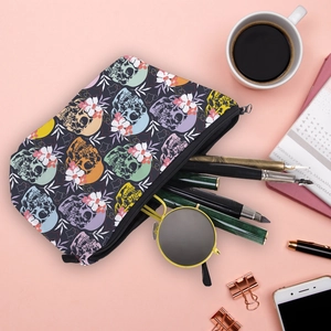 Waterproof skull and floral print organizer bag showing large capacity for cosmetics