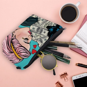 Waterproof toiletry bag with pop art print featuring pink hair woman and dollars