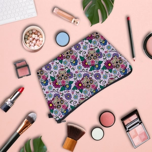 Trousse à maquillage violette avec motif tête de mort mexicaine et fleurs voyage