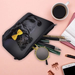 Waterproof pug print makeup bag for women showing spacious interior with accessories