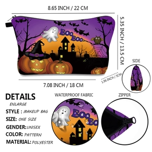 Detail view of Halloween makeup bag showing size, zipper, and waterproof polyester fabric