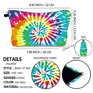 Detailed size chart and waterproof fabric display for the rainbow makeup bag