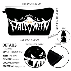 Waterproof Halloween makeup bag detail with festive graphics and size specifications