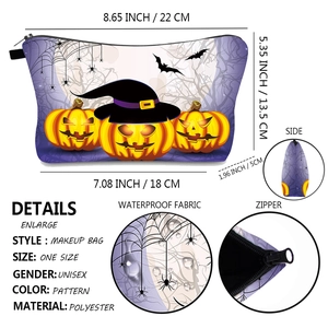 Detail view of water-resistant polyester Halloween makeup bag with pumpkin patterns