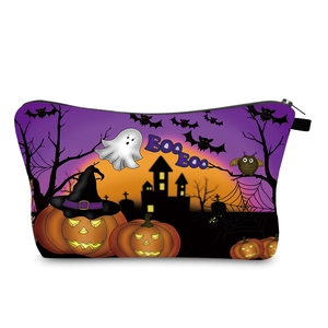 Macro detail of waterproof Halloween pouch with spooky pumpkins and bats print