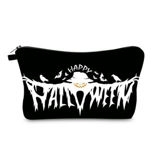 Halloween Waterproof Polyester Makeup Bag Travel Cosmetic Organizer Pouch Happy Halloween Print Black Women Holiday Use