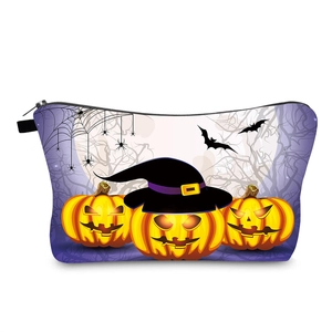 Halloween Waterproof Polyester Cosmetic Makeup Bag With Pumpkin Witch Hat Print Portable Travel Toiletry Storage Pouch For Women