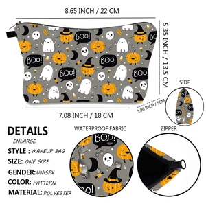 Vue détaillée de la trousse d'Halloween montrant les dimensions et le tissu polyester imperméable