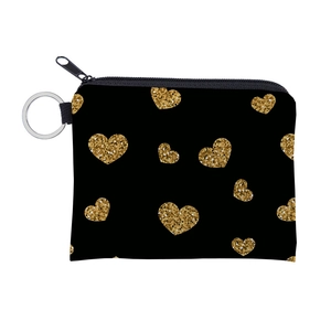 Mini Coin Purse Polyester Gold Glitter Heart Pattern Zipper Wallet Key Ring Small Card Holder For Women Daily Travel