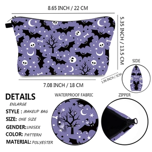 Detailed views of Halloween makeup bag showing dimensions and waterproof polyester material