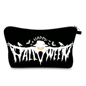 Detail of Halloween cosmetic bag with Happy Halloween print and pumpkin design