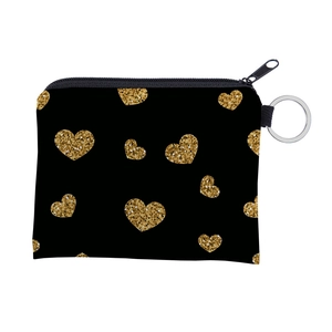 Detail of compact coin purse featuring gold glitter hearts on black water-resistant fabric