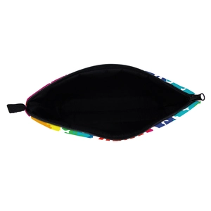 Waterproof travel makeup bag with vibrant rainbow camo pattern and black interior lining