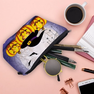 Halloween pumpkin print cosmetic bag with zipper, portable waterproof makeup organizer