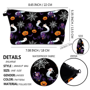 Waterproof Halloween polyester cosmetic bag with ghost and pumpkin digital print and zipper details