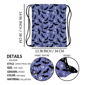 Waterproof Halloween drawstring bag with purple bat and skull prints for travel storage