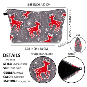 Waterproof polyester Christmas makeup bag with reindeer pattern and zipper detail view