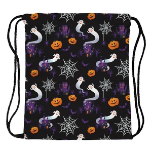 Halloween Drawstring Backpack Waterproof Polyester Portable Storage Bag Cartoon Ghost Pumpkin Print For Holiday Travel Party