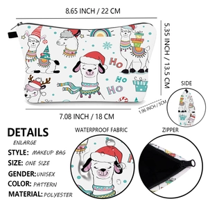 Detailed size specifications and waterproof feature of the llama Christmas toiletry bag