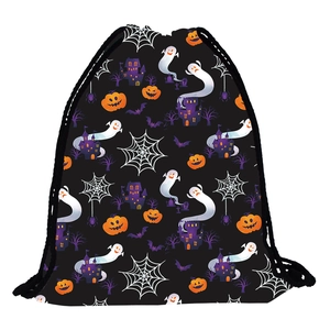 Halloween waterproof drawstring backpack with pumpkin and ghost prints on black polyester