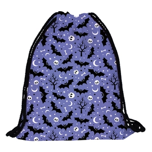 Halloween drawstring backpack with spooky bat and skull prints on a purple waterproof fabric