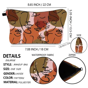 Detailed size chart showing waterproof makeup bag dimensions and digital print specs