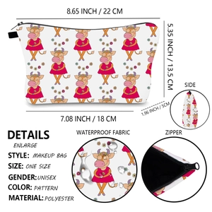 Waterproof polyester cosmetic bag with cute cow print, dimensions and metal zipper detail