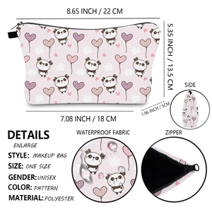 Detailed view of waterproof panda print cosmetic bag with size specs and material texture