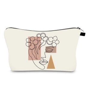Close-up of waterproof makeup bag featuring minimalist female illustration and zipper