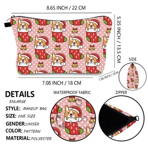 Detailed view of waterproof polyester fabric and Corgi Christmas print on travel pouch