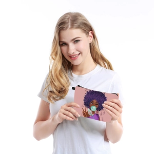 Borsa da trucco rosa impermeabile con stampa di ragazza cartoon e cerniera