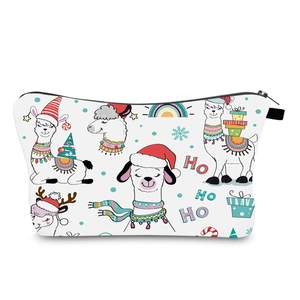 Detailed view of waterproof Christmas makeup bag with cute llama prints and black zipper