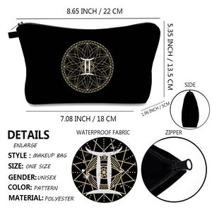 Waterproof black Gemini zodiac makeup bag with gold print and detailed size dimensions
