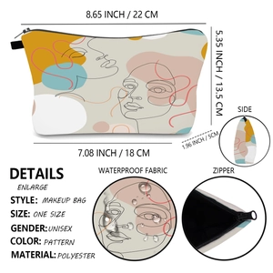 Detail view of water-resistant makeup bag with abstract line art and metal zipper closure