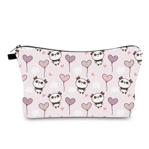 Women Waterproof Makeup Bag Cute Cartoon Panda Heart Balloon Print Portable Polyester Toiletry Storage Pouch Travel Wash Bag