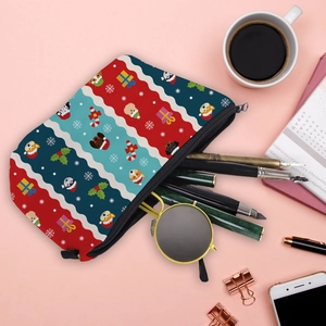 Waterproof Christmas Corgi makeup bag with colorful festive patterns and holiday icons